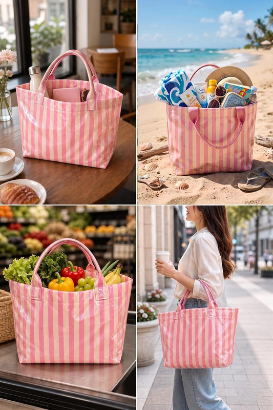 Striped Pvc Tote Beach Bag For Women Pink Large Waterproof Handbag Summer Jelly Vacation Work Cruise Duffle Bag