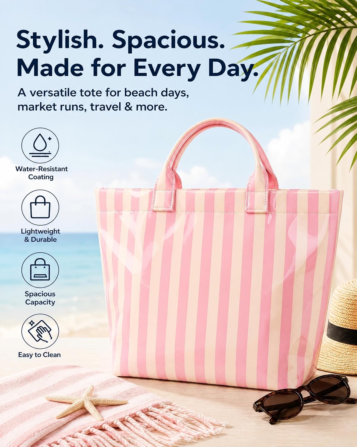 Striped Pvc Tote Beach Bag For Women Pink Large Waterproof Handbag Summer Jelly Vacation Work Cruise Duffle Bag
