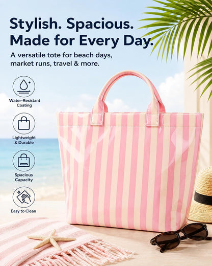 Striped Pvc Tote Beach Bag For Women Pink Large Waterproof Handbag Summer Jelly Vacation Work Cruise Duffle Bag