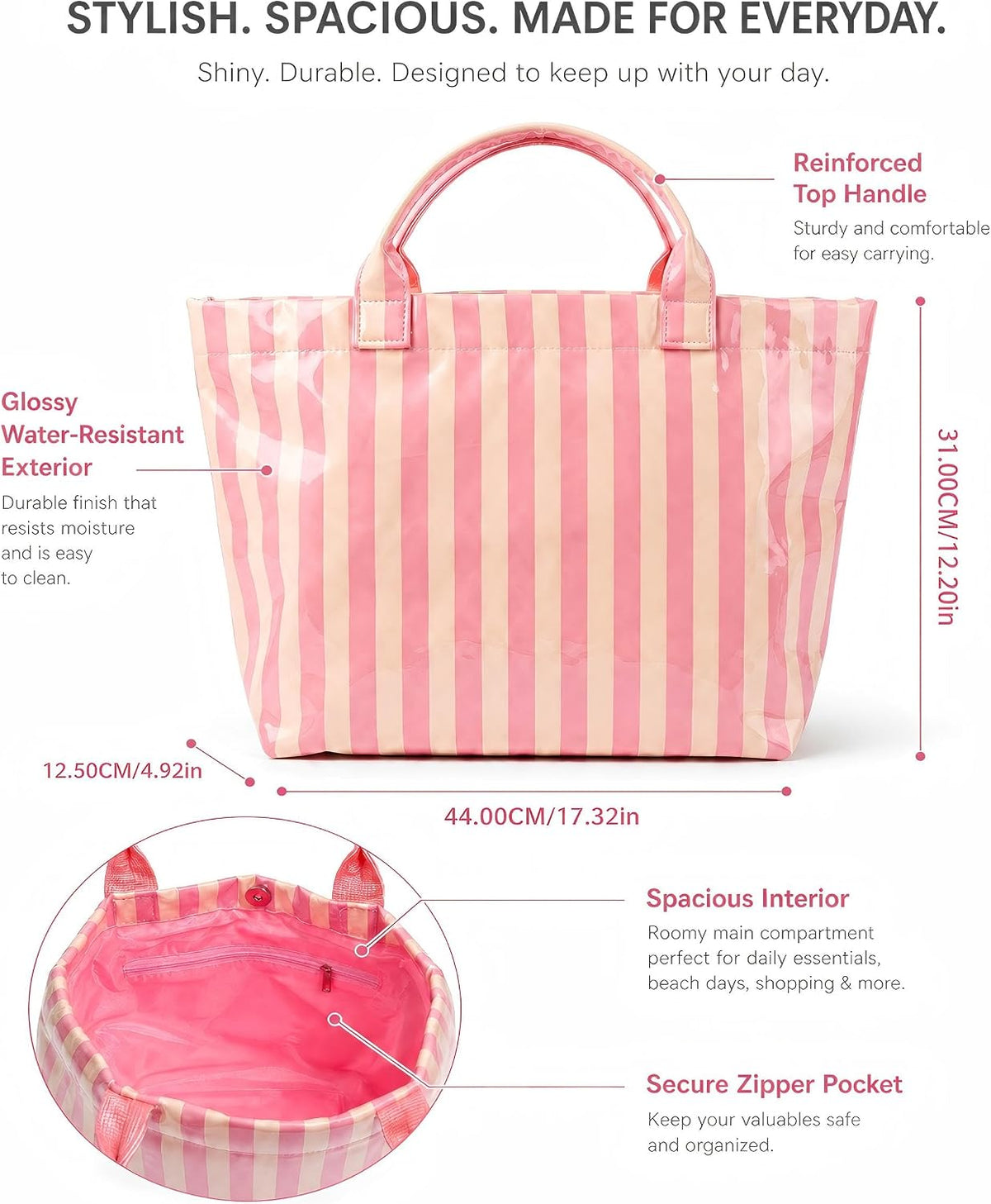 Striped Pvc Tote Beach Bag For Women Pink Large Waterproof Handbag Summer Jelly Vacation Work Cruise Duffle Bag