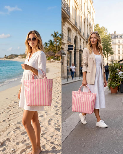 Striped Pvc Tote Beach Bag For Women Pink Large Waterproof Handbag Summer Jelly Vacation Work Cruise Duffle Bag