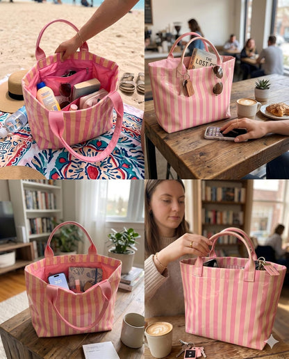 Striped Pvc Tote Beach Bag For Women Pink Large Waterproof Handbag Summer Jelly Vacation Work Cruise Duffle Bag