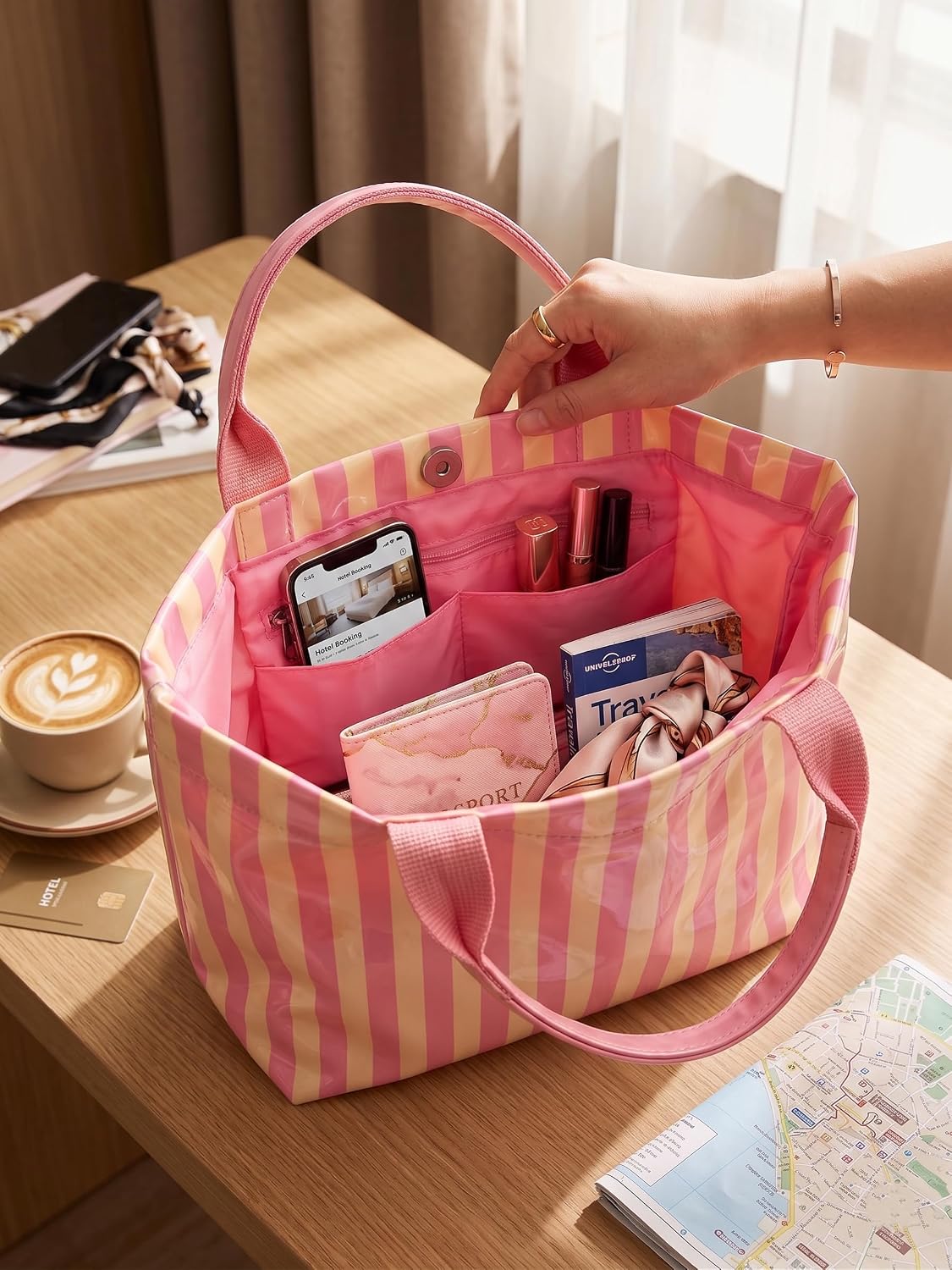 Striped Pvc Tote Beach Bag For Women Pink Large Waterproof Handbag Summer Jelly Vacation Work Cruise Duffle Bag