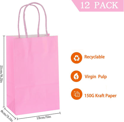 Pink Gift Bags with Handles Pink Kraft Paper Bags for Party Favors (5 x 3.1 x 8.2 in, 12 CT)