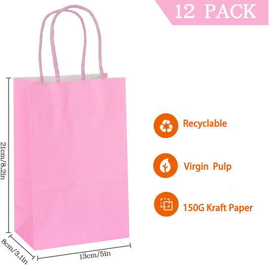 Pink Gift Bags with Handles Pink Kraft Paper Bags for Party Favors (5 x 3.1 x 8.2 in, 12 CT)