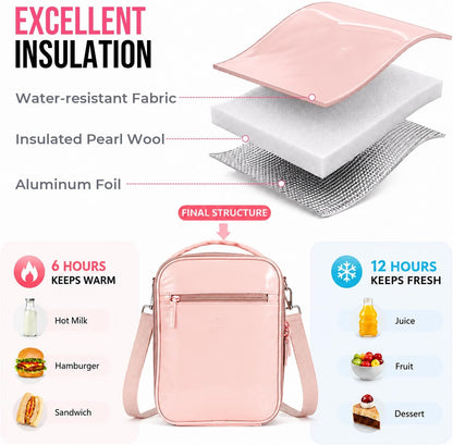 Kids Lunch Bag, Insulated PU Lunch Box with Shoulder Strap for School