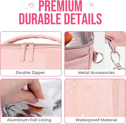 Kids Lunch Bag, Insulated PU Lunch Box with Shoulder Strap for School