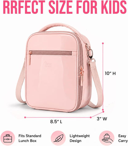 Kids Lunch Bag, Insulated PU Lunch Box with Shoulder Strap for School
