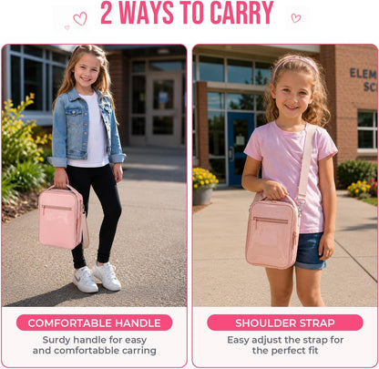 Kids Lunch Bag, Insulated PU Lunch Box with Shoulder Strap for School