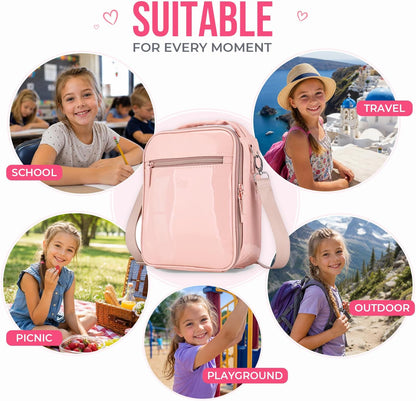 Kids Lunch Bag, Insulated PU Lunch Box with Shoulder Strap for School