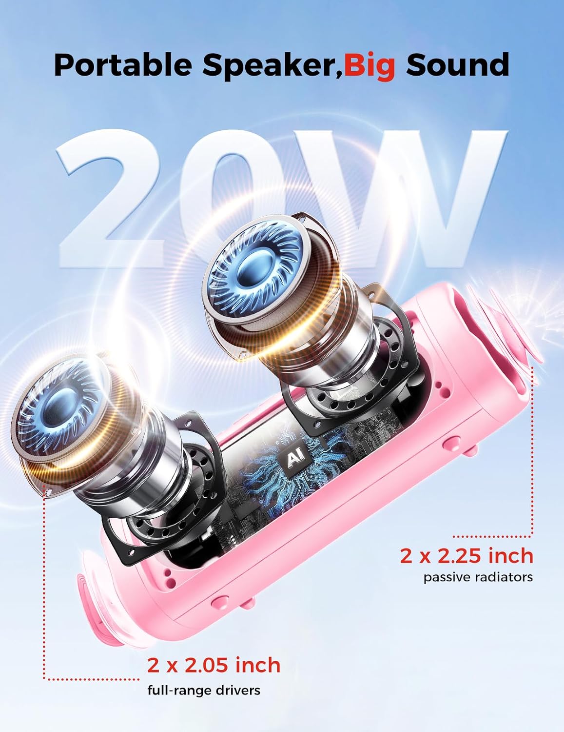 Bluetooth Speaker, 20W HD Sound, Portable Wireless, IPX5 Waterproof, Up to 24H Playtime, TWS Pairing, for Home/Party/Outdoor/Camping/Beach Essentials, Electronic Gadgets, Birthday Gift (Pink)