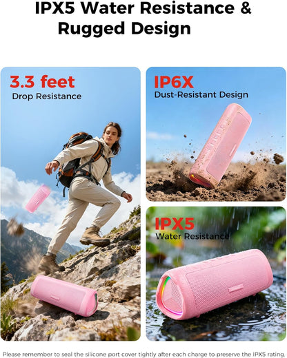 Bluetooth Speaker, 20W HD Sound, Portable Wireless, IPX5 Waterproof, Up to 24H Playtime, TWS Pairing, for Home/Party/Outdoor/Camping/Beach Essentials, Electronic Gadgets, Birthday Gift (Pink)