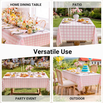 Checkered Tablecloth Round Cotton Linen Gingham Table Cloth with Tassel Washable Wrinkle Free Heavy Duty Buffalo Plaid Table Cover for Dining/Party/Picnic (Pink, 55" x 55" (Round))