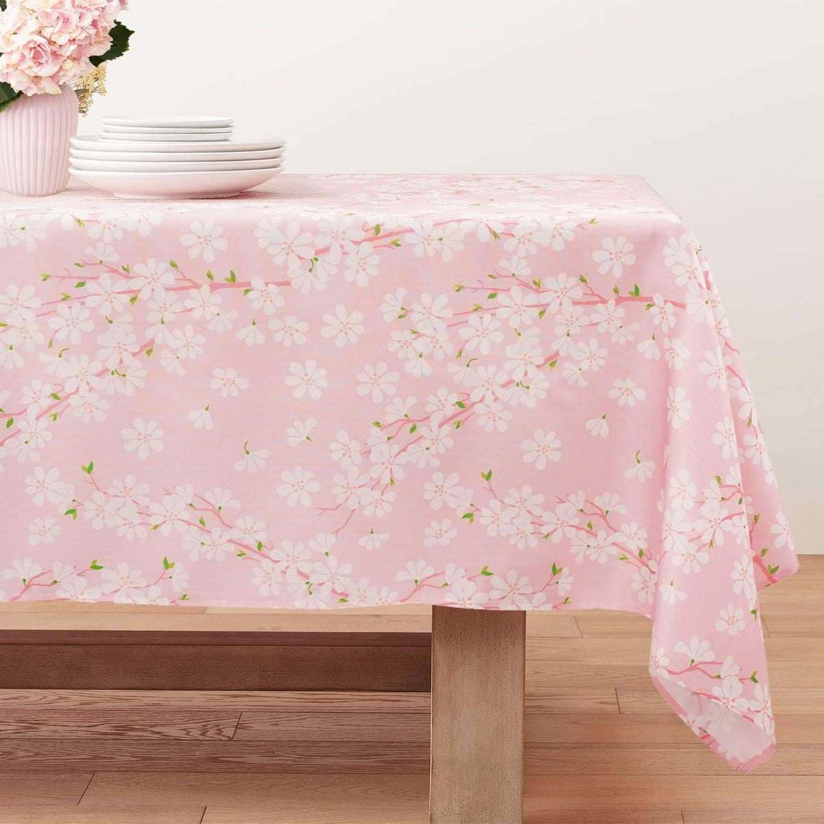 Pink Sakura Tablecloth Pink Floral Flowers Print Rectangle Table Cloth Spring Summer Waterproof Wrinkle Free Tablecloth 60 X 84 Inch