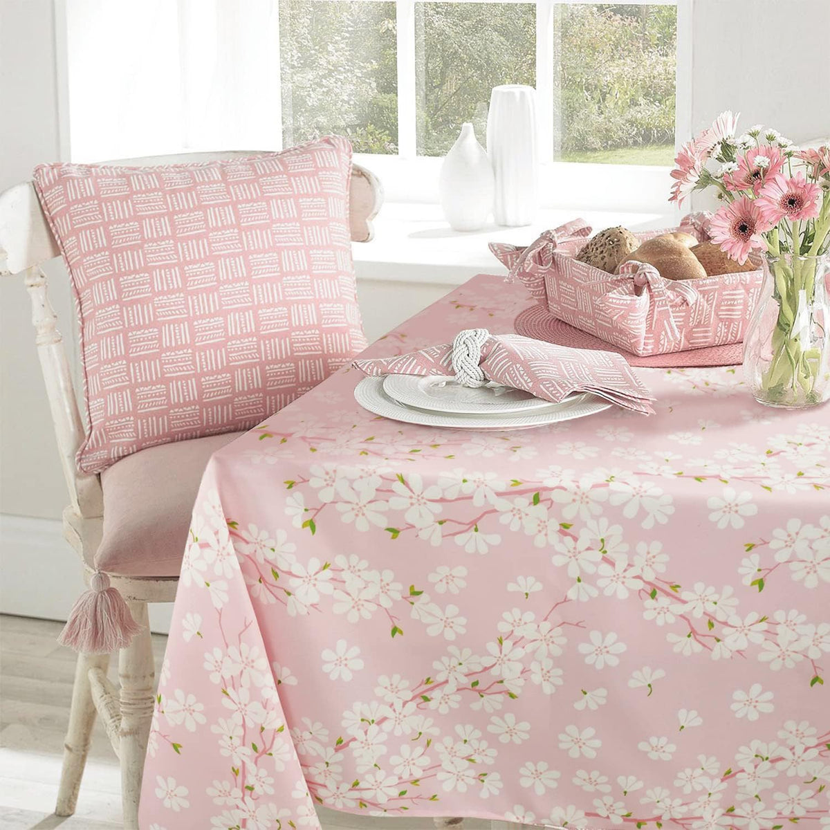 Pink Sakura Tablecloth Pink Floral Flowers Print Rectangle Table Cloth Spring Summer Waterproof Wrinkle Free Tablecloth 60 X 84 Inch