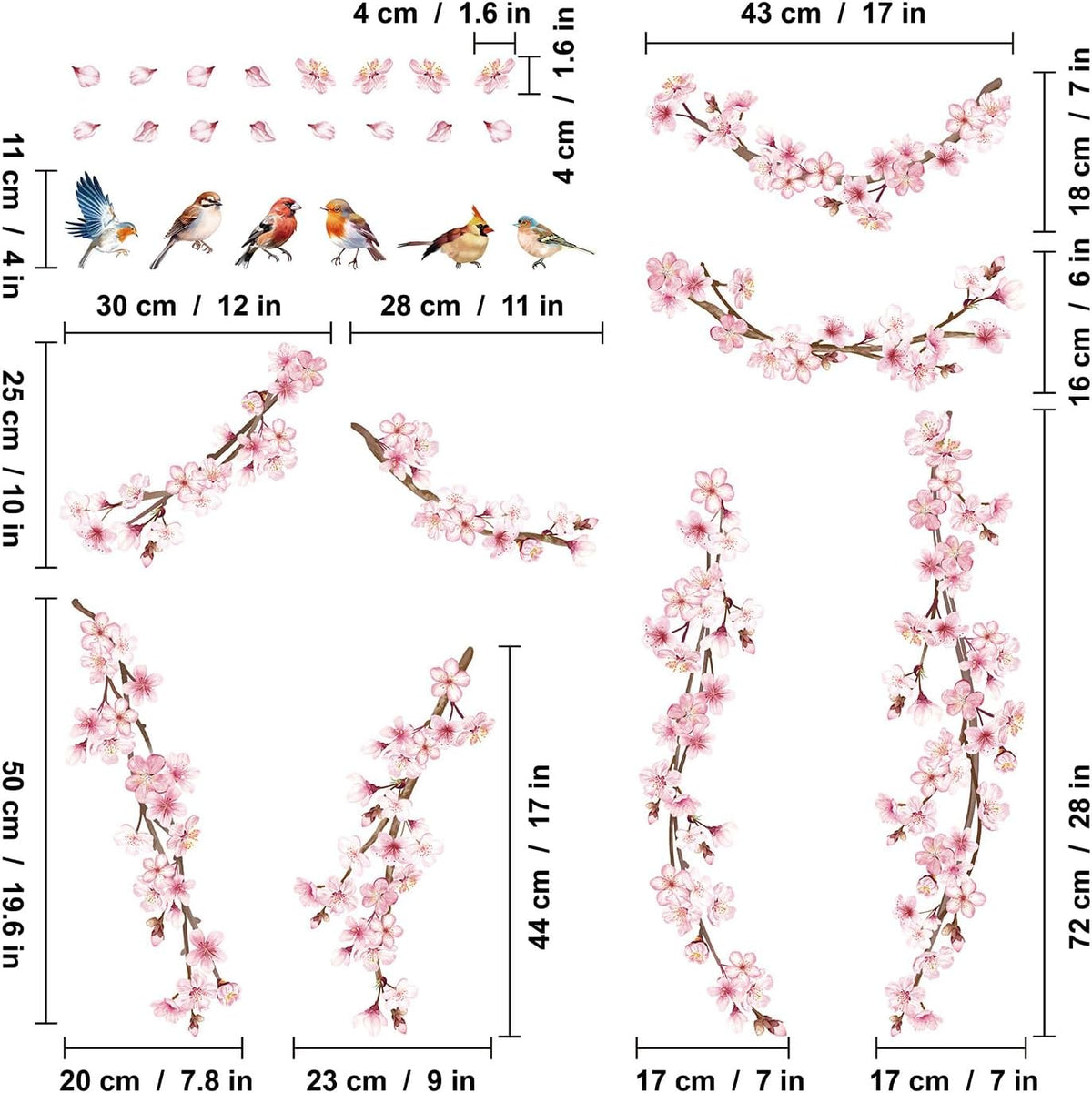Cherry Blossom Wall Decals, Pink Vine Flowers, Hanging Floral Tree Branch and Birds Peel & Stick Wall Stickers for Bedroom, Living Room, Nursery, Sofa, Office Decor