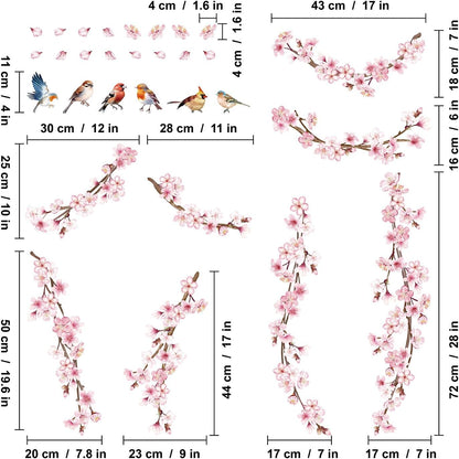 Cherry Blossom Wall Decals, Pink Vine Flowers, Hanging Floral Tree Branch and Birds Peel & Stick Wall Stickers for Bedroom, Living Room, Nursery, Sofa, Office Decor