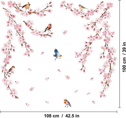 Cherry Blossom Wall Decals, Pink Vine Flowers, Hanging Floral Tree Branch and Birds Peel & Stick Wall Stickers for Bedroom, Living Room, Nursery, Sofa, Office Decor