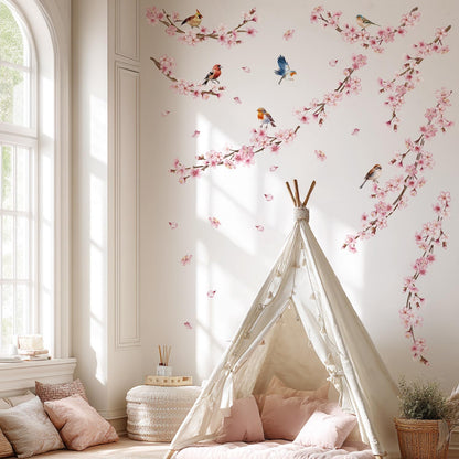 Cherry Blossom Wall Decals, Pink Vine Flowers, Hanging Floral Tree Branch and Birds Peel & Stick Wall Stickers for Bedroom, Living Room, Nursery, Sofa, Office Decor