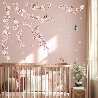 Cherry Blossom Wall Decals, Pink Vine Flowers, Hanging Floral Tree Branch and Birds Peel & Stick Wall Stickers for Bedroom, Living Room, Nursery, Sofa, Office Decor