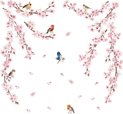 Cherry Blossom Wall Decals, Pink Vine Flowers, Hanging Floral Tree Branch and Birds Peel & Stick Wall Stickers for Bedroom, Living Room, Nursery, Sofa, Office Decor