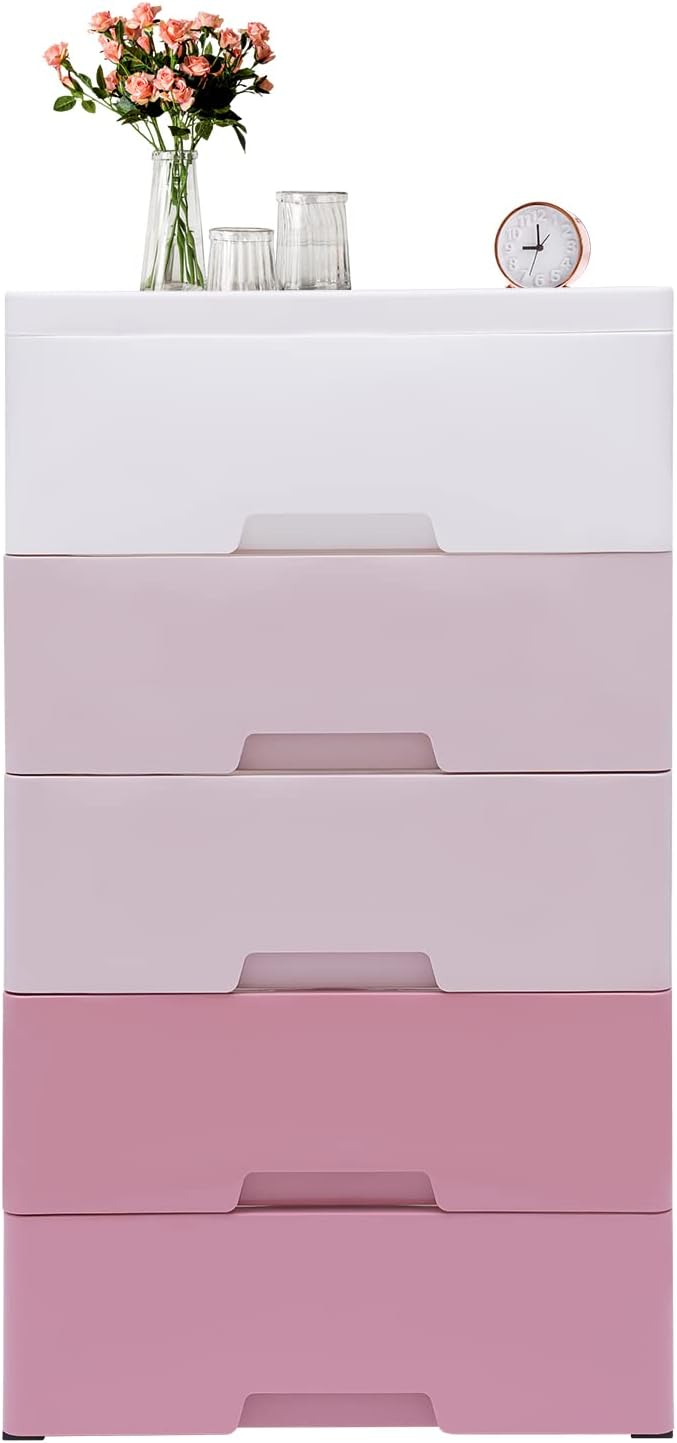 Plastic Cabinet 5 Drawers Storage Dresser, Small Closet Drawers Organizer Unit for Bedroom Playroom, Gradient Pink