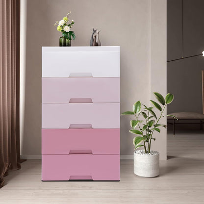 Plastic Cabinet 5 Drawers Storage Dresser, Small Closet Drawers Organizer Unit for Bedroom Playroom, Gradient Pink