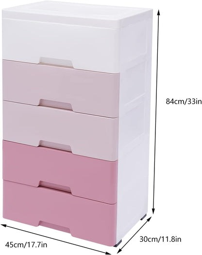 Plastic Cabinet 5 Drawers Storage Dresser, Small Closet Drawers Organizer Unit for Bedroom Playroom, Gradient Pink
