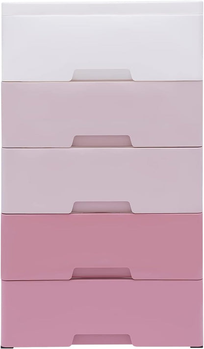 Plastic Cabinet 5 Drawers Storage Dresser, Small Closet Drawers Organizer Unit for Bedroom Playroom, Gradient Pink