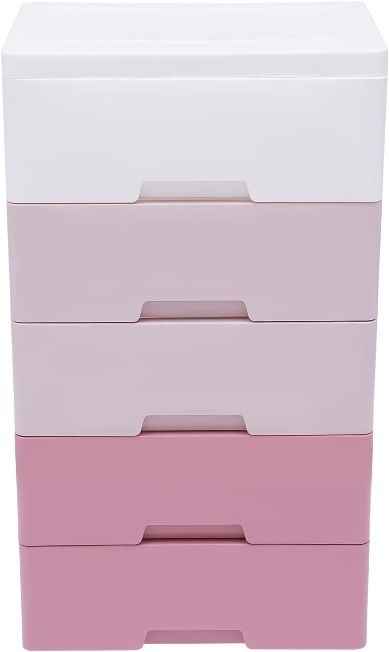 Plastic Cabinet 5 Drawers Storage Dresser, Small Closet Drawers Organizer Unit for Bedroom Playroom, Gradient Pink