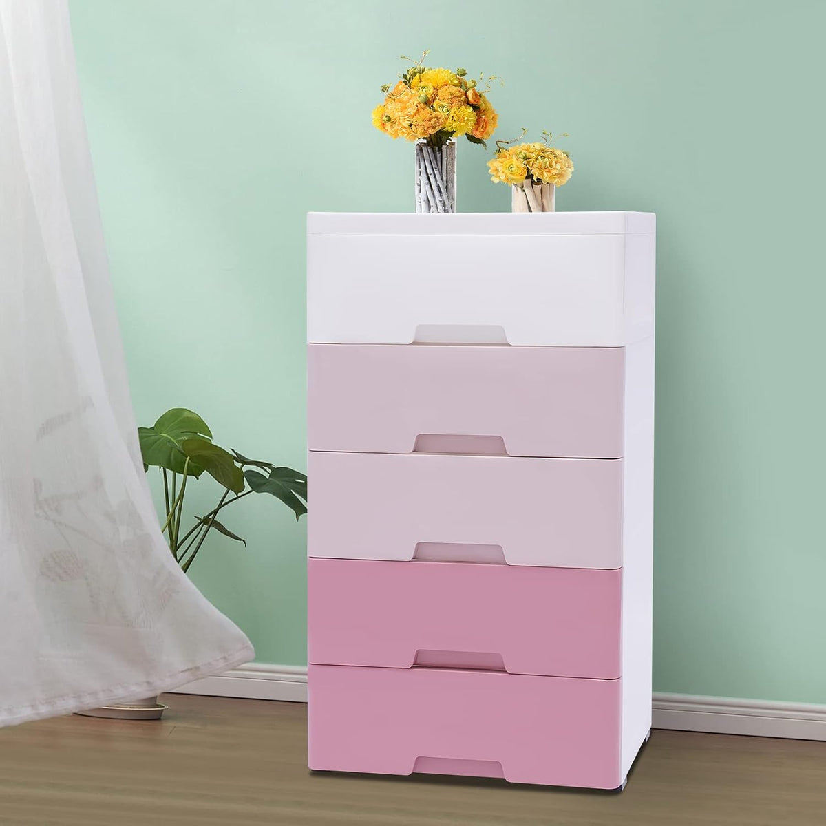 Plastic Cabinet 5 Drawers Storage Dresser, Small Closet Drawers Organizer Unit for Bedroom Playroom, Gradient Pink