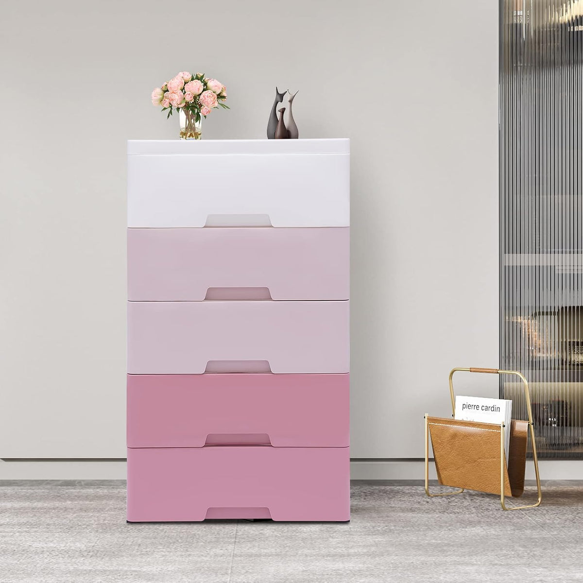 Plastic Cabinet 5 Drawers Storage Dresser, Small Closet Drawers Organizer Unit for Bedroom Playroom, Gradient Pink