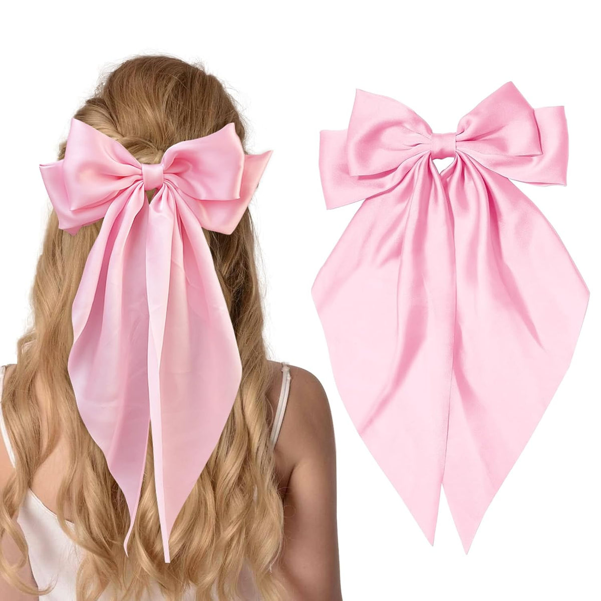 Silky Satin Hair Bows for Women Big Pink Bow Hair Clips for Girls Large Hair Barrettes Cute with Long Tails Party Hair Accessories for Thick & Thin Hair（pink）