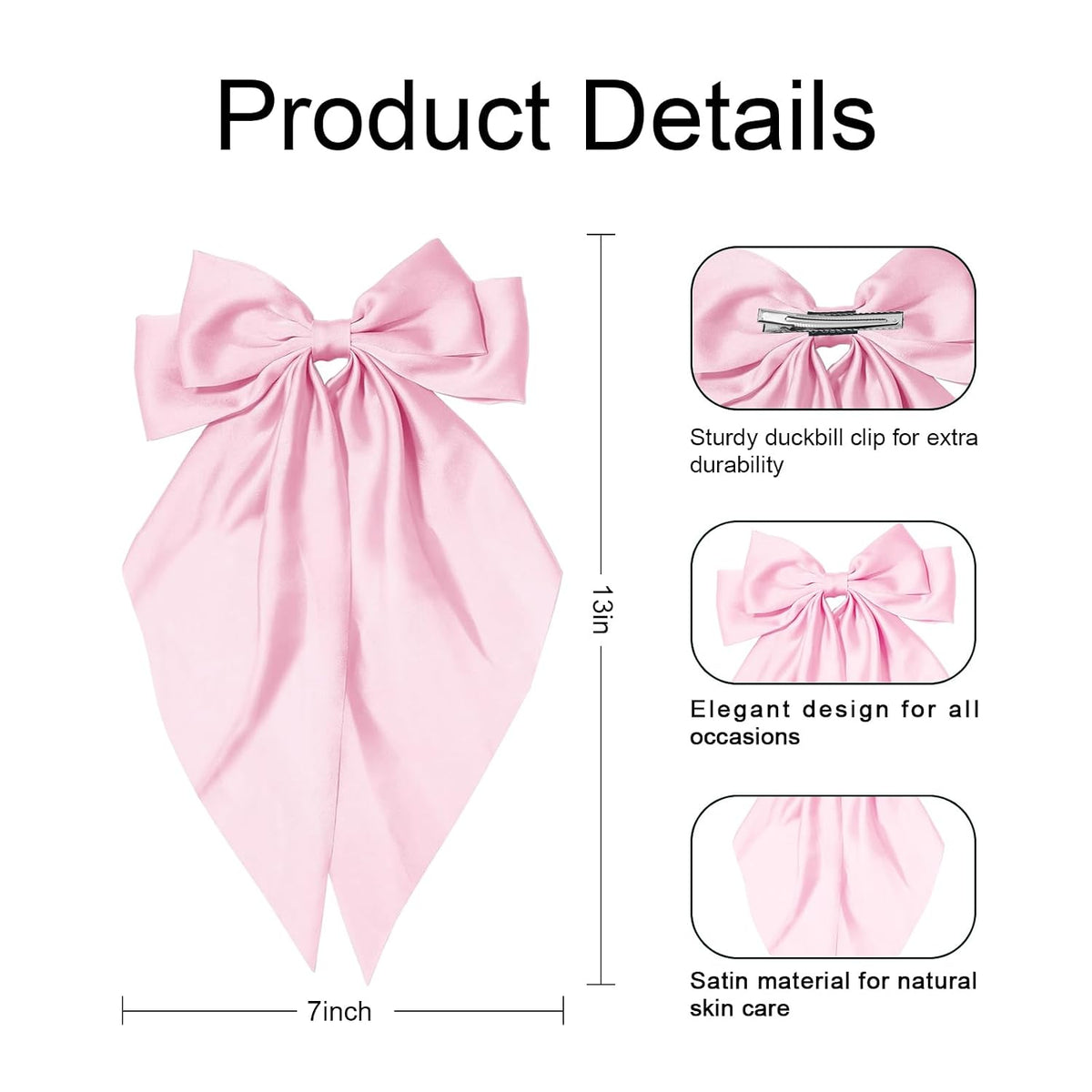 Silky Satin Hair Bows for Women Big Pink Bow Hair Clips for Girls Large Hair Barrettes Cute with Long Tails Party Hair Accessories for Thick & Thin Hair（pink）