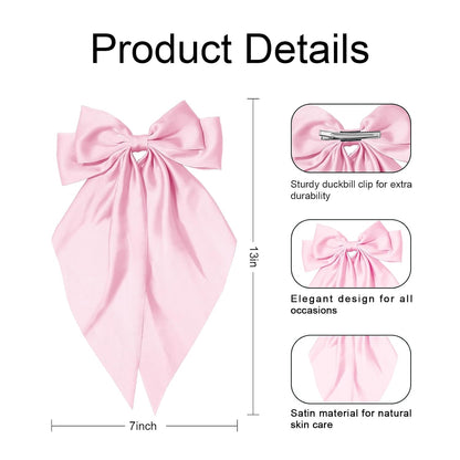 Silky Satin Hair Bows for Women Big Pink Bow Hair Clips for Girls Large Hair Barrettes Cute with Long Tails Party Hair Accessories for Thick & Thin Hair（pink）
