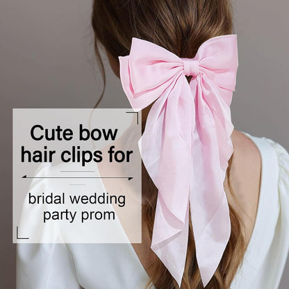 Silky Satin Hair Bows for Women Big Pink Bow Hair Clips for Girls Large Hair Barrettes Cute with Long Tails Party Hair Accessories for Thick & Thin Hair（pink）