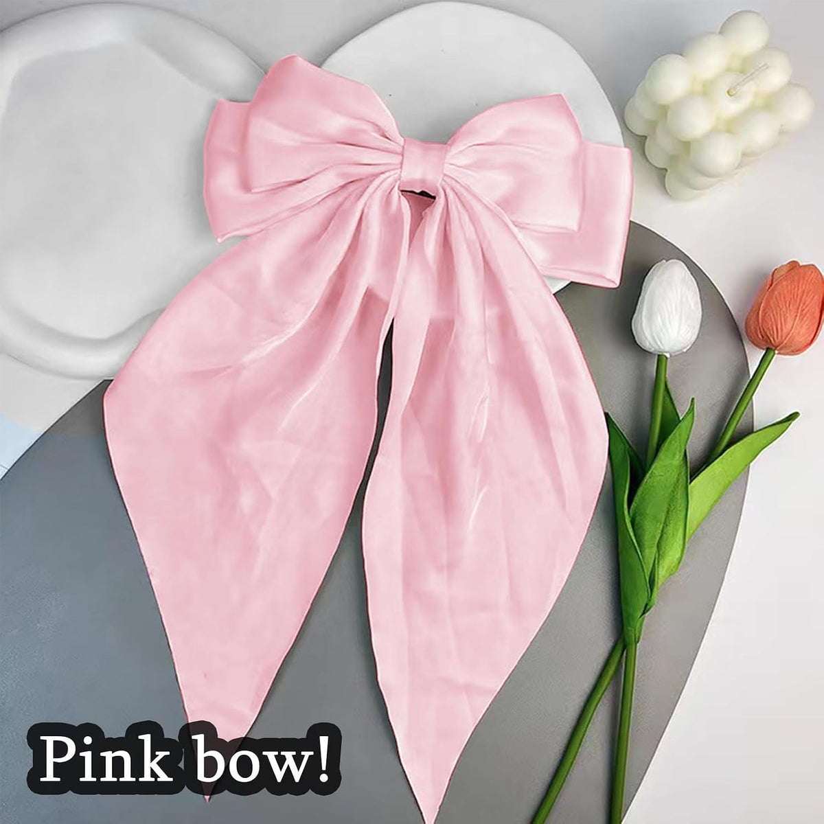 Silky Satin Hair Bows for Women Big Pink Bow Hair Clips for Girls Large Hair Barrettes Cute with Long Tails Party Hair Accessories for Thick & Thin Hair（pink）