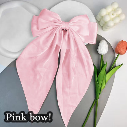 Silky Satin Hair Bows for Women Big Pink Bow Hair Clips for Girls Large Hair Barrettes Cute with Long Tails Party Hair Accessories for Thick & Thin Hair（pink）
