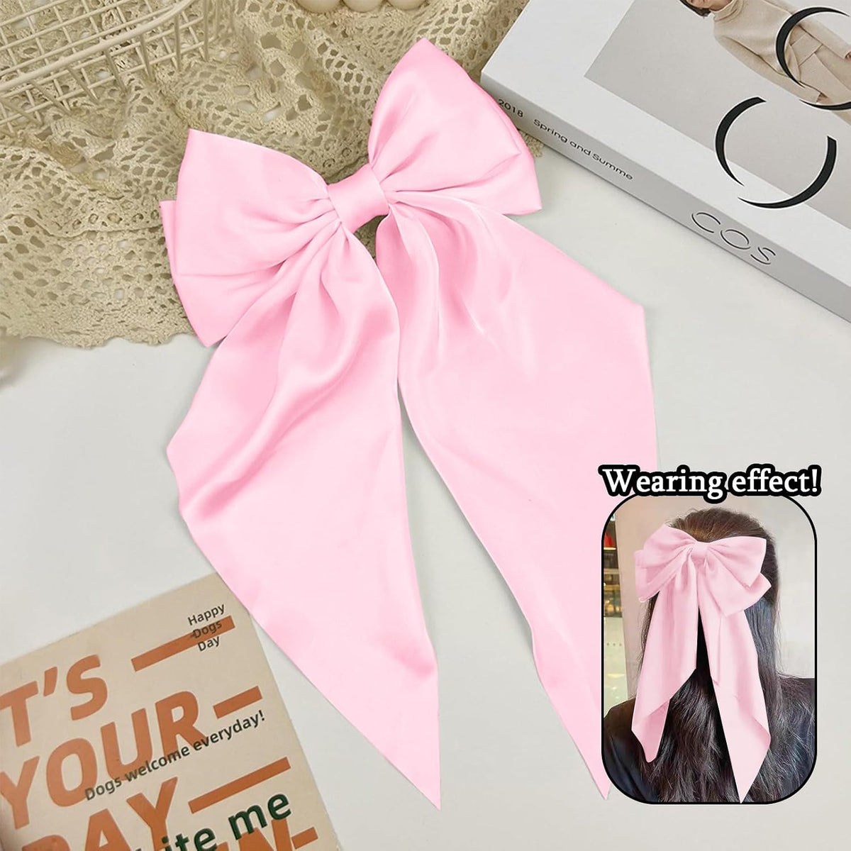 Silky Satin Hair Bows for Women Big Pink Bow Hair Clips for Girls Large Hair Barrettes Cute with Long Tails Party Hair Accessories for Thick & Thin Hair（pink）