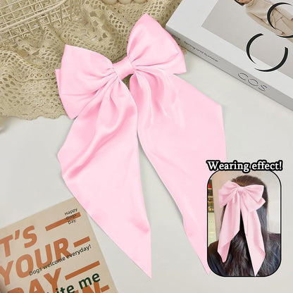Silky Satin Hair Bows for Women Big Pink Bow Hair Clips for Girls Large Hair Barrettes Cute with Long Tails Party Hair Accessories for Thick & Thin Hair（pink）