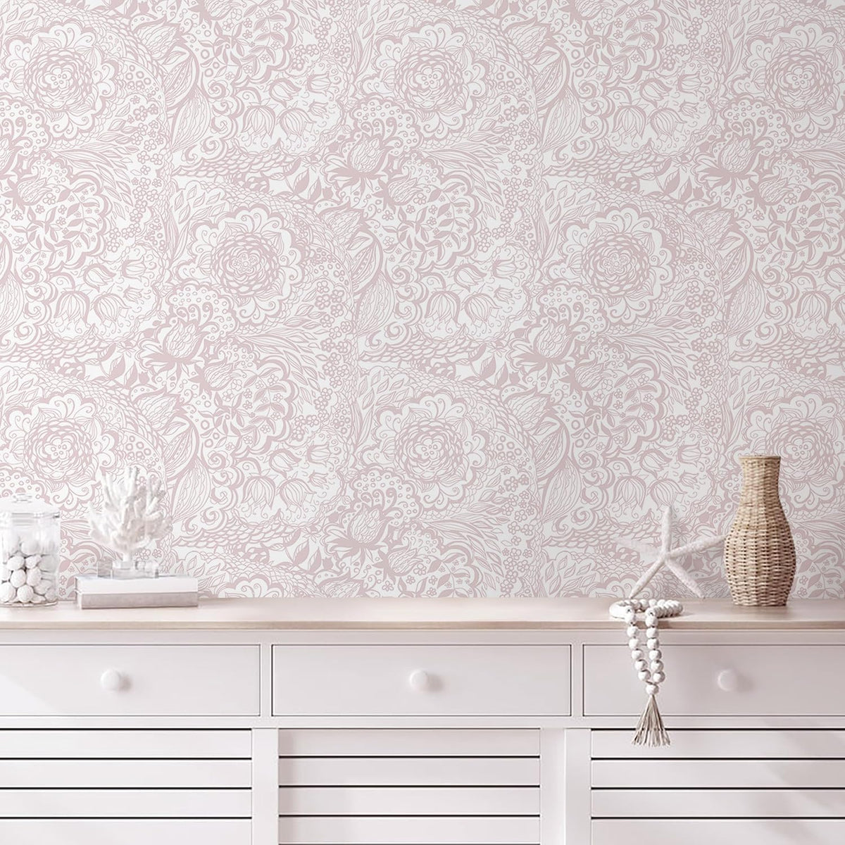 Peel and Stick Wallpaper Pink Boho Wall Paper Pink and White Floral Wallpaper for Bedroom Bathroom Removable Self-adhsive Contact Paper for Cabinets Nursery Vnyl Shelf Liner 17.3" x 118"
