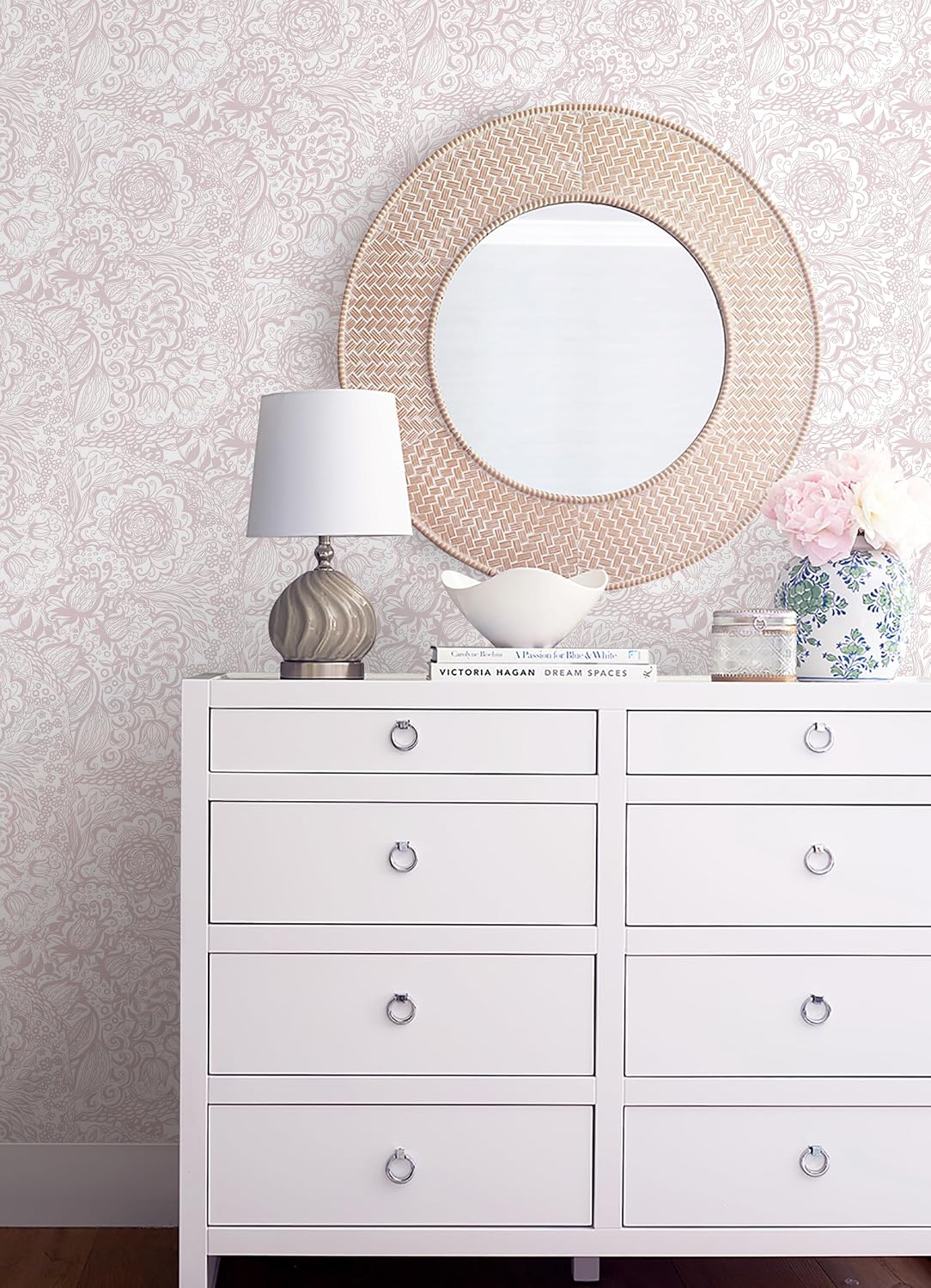 Peel and Stick Wallpaper Pink Boho Wall Paper Pink and White Floral Wallpaper for Bedroom Bathroom Removable Self-adhsive Contact Paper for Cabinets Nursery Vnyl Shelf Liner 17.3" x 118"