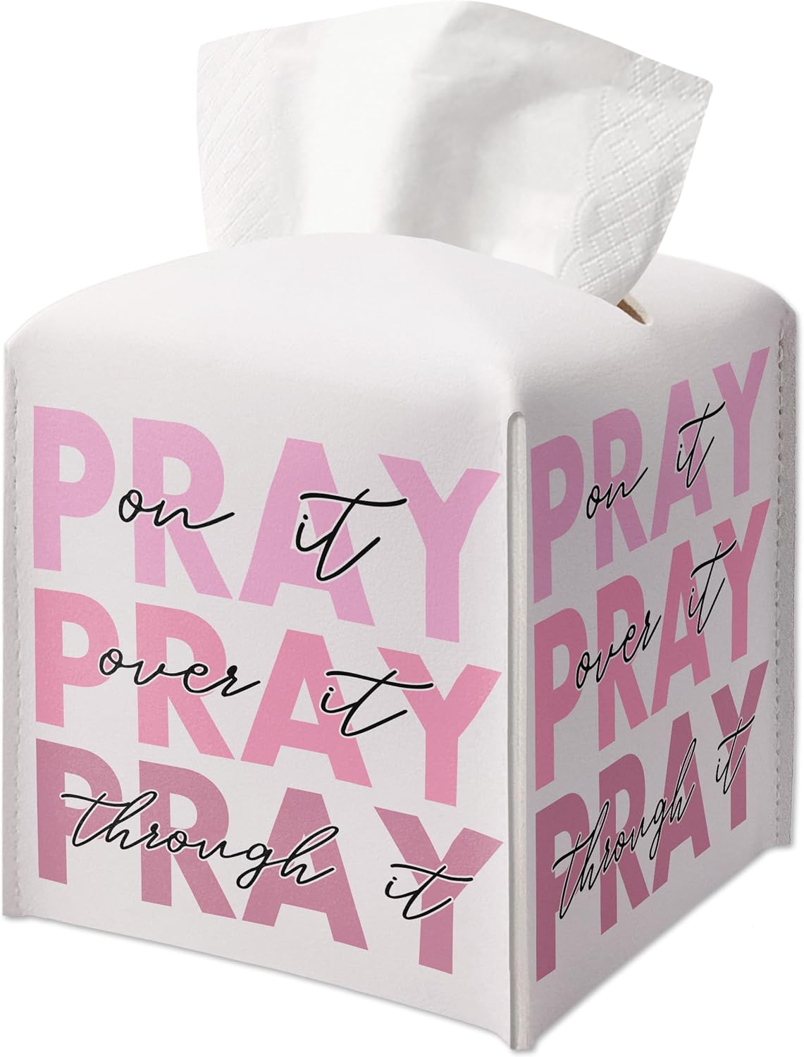 Pink Gifts Tissue Box Cover Square, Inspirational Gift Ideas for Friends, Pray Over It, Skeleton Desk Decor for Bathroom Office, Housewarming New Home Favor-(5.2 Inches) A60