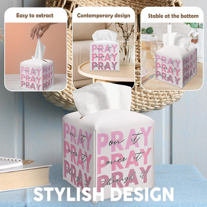 Pink Gifts Tissue Box Cover Square, Inspirational Gift Ideas for Friends, Pray Over It, Skeleton Desk Decor for Bathroom Office, Housewarming New Home Favor-(5.2 Inches) A60