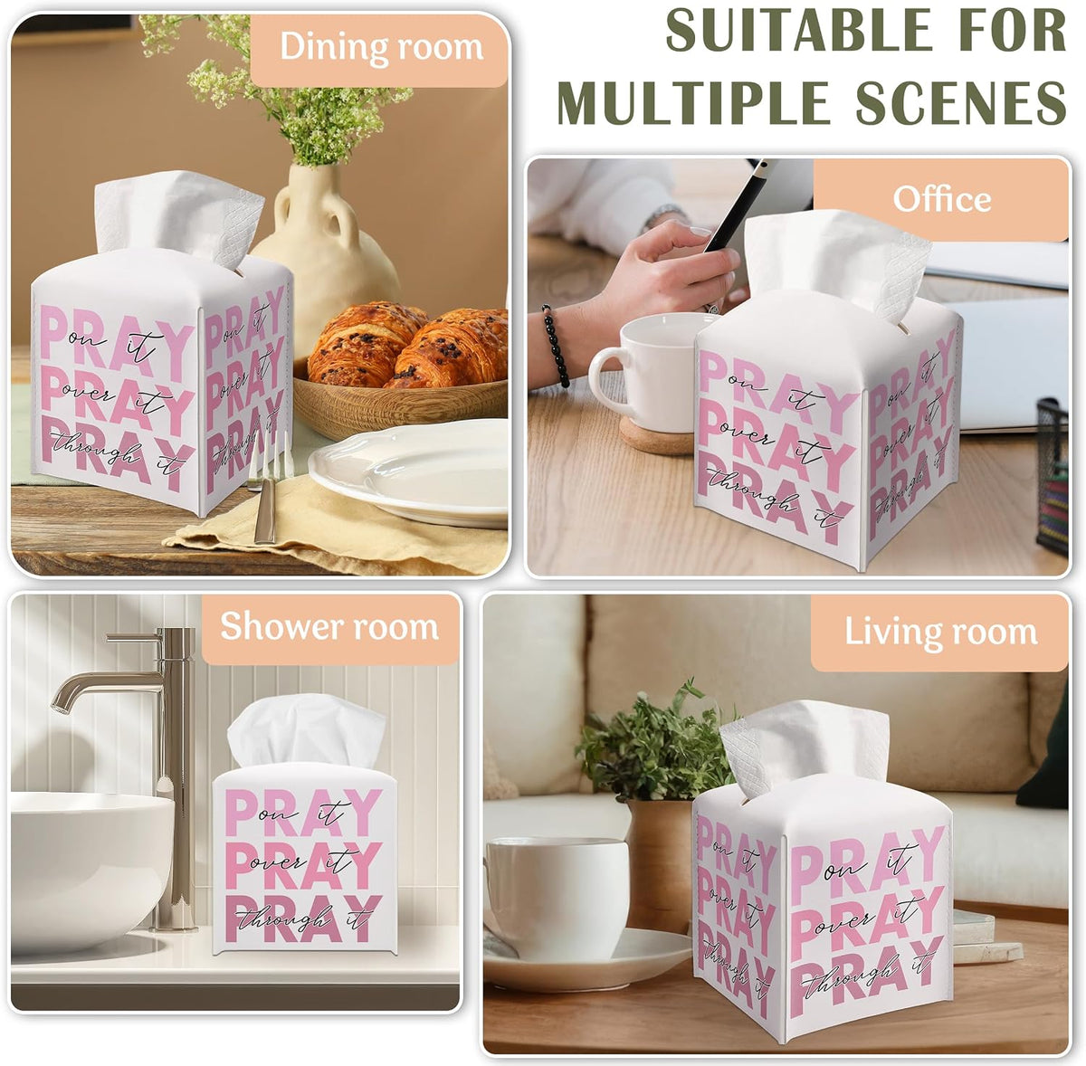 Pink Gifts Tissue Box Cover Square, Inspirational Gift Ideas for Friends, Pray Over It, Skeleton Desk Decor for Bathroom Office, Housewarming New Home Favor-(5.2 Inches) A60