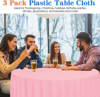 3 Pack Pink Plastic Tablecloth Disposable Round Table Cloth 84 Inch Table Cover for Parties