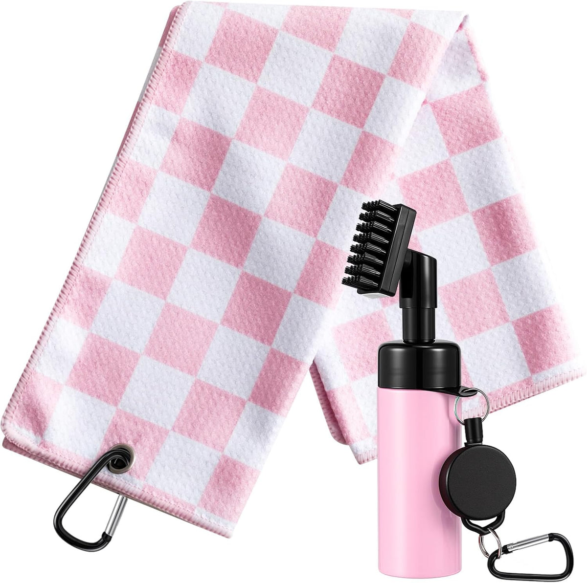 Pink and White Checkered Golf Towel with 5 oz Cleaner Water Brush