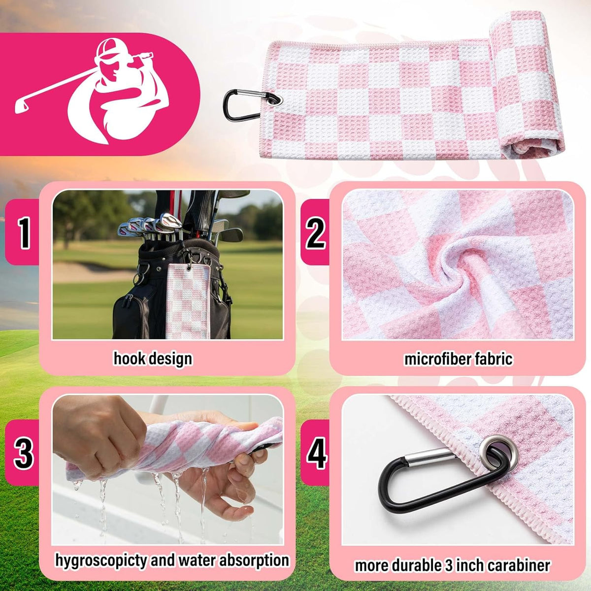 Pink and White Checkered Golf Towel with 5 oz Cleaner Water Brush