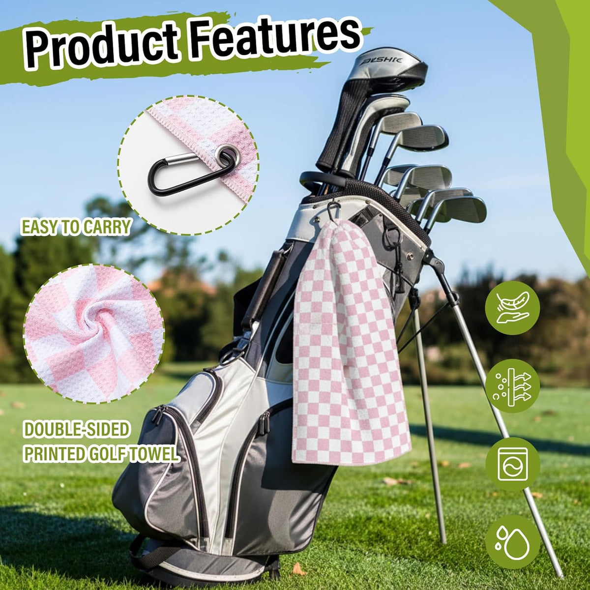 Pink and White Checkered Golf Towel with 5 oz Cleaner Water Brush