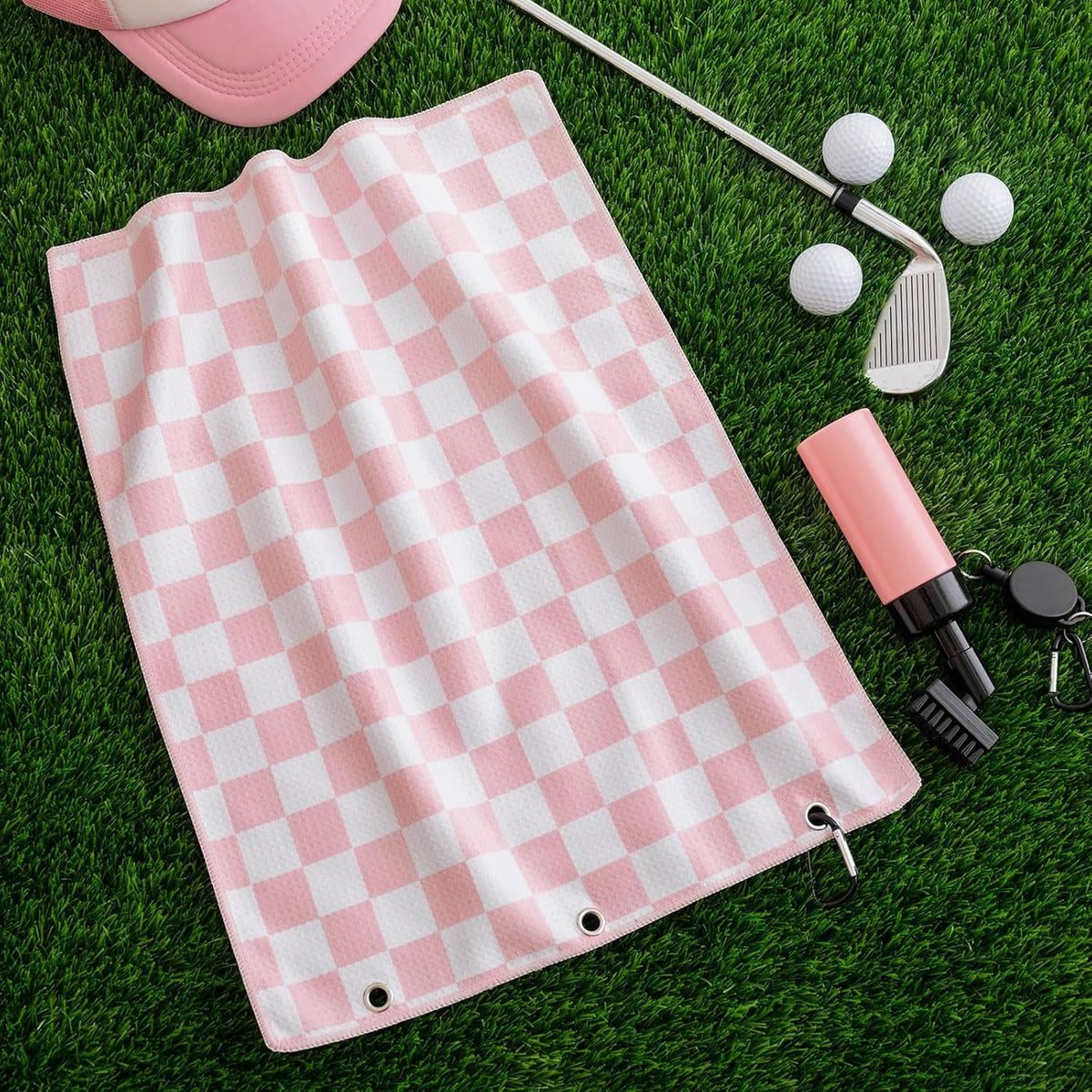 Pink and White Checkered Golf Towel with 5 oz Cleaner Water Brush